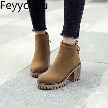 

Women Boots Autumn Winter High Heel Warm Flock Round Toe Zip Ankle Snow Boots 2018 New Sexy Fashion Casual Black Brown Yellow