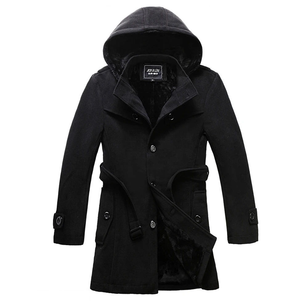 Helisopus, мужское утолщенное зимнее теплое шерстяное пальто с капюшоном, Тренч, Мужская однотонная куртка, черный, серый, с отложным воротником, длинные пальто - Цвет: Черный