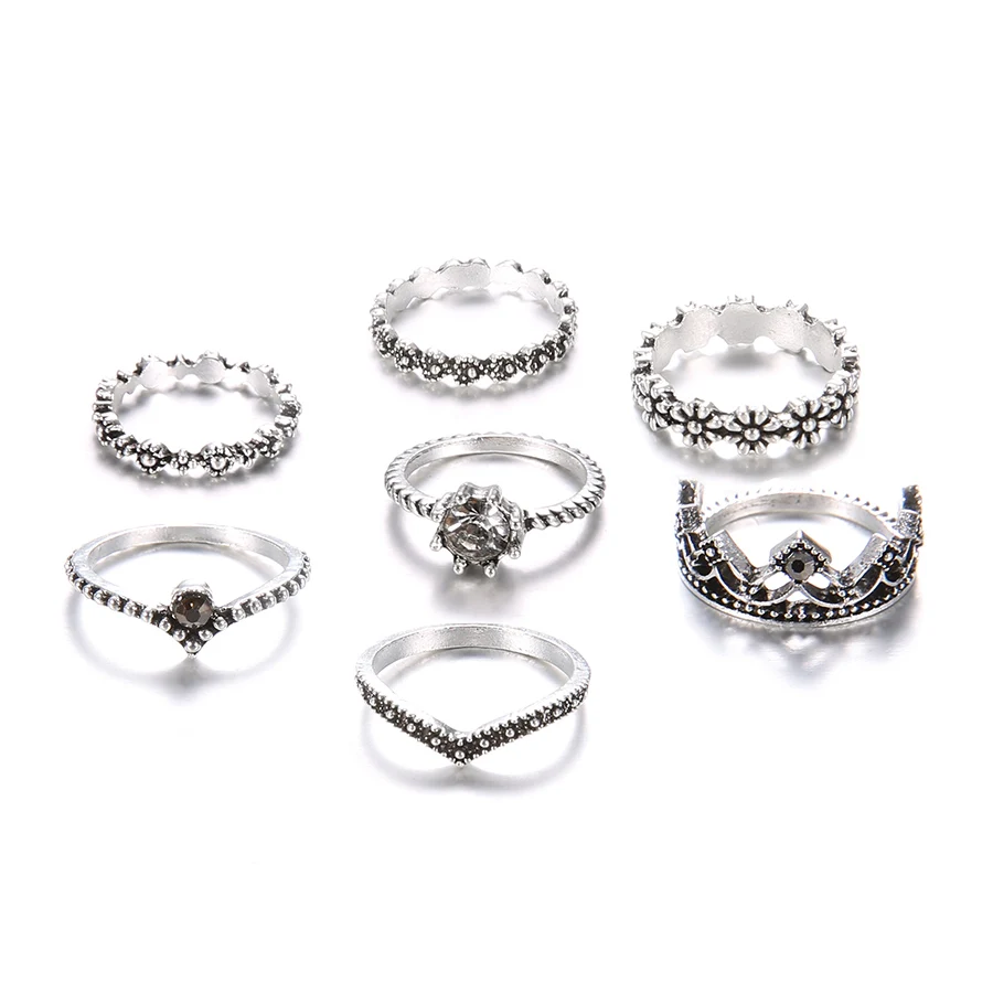 Винтаж для женщин кольца корона Сердце цветок кристалл совместное набор серебряных колец чешские Женские Свадебная вечеринка Jewelry интимные аксессуары