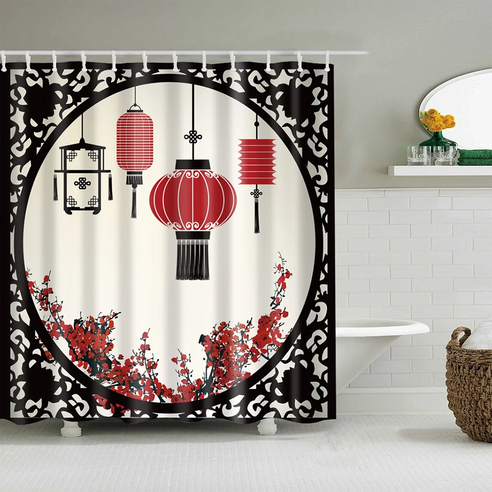 Chinese style 3D shower curtain waterproof polyester fabric shower