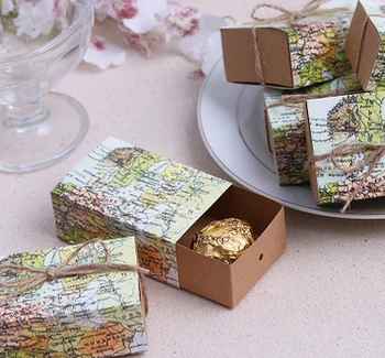

100 Pcs/lot World map Wedding Favor Candy Boxes Gift Box Sugar Candy Box with Burlap