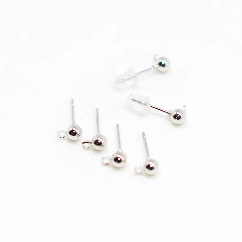 50pcs Ball Ear Pin Studs Earring Posts with Loop Jewelry Making Supplies 15x6mm