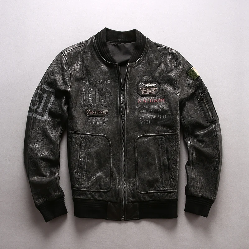 Seller 22067 Read Description! Asian size men's sheep leather jacket mens genuine sheep leather vintage printing bomber jacket