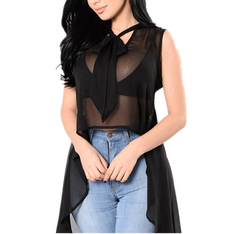 D'été Voir Femme Tops Chemisier Blouses Sans De Bowknot Manches Sexy Irrégulière Hirigin Transparent À Travers Tulle Femmes EqPgCw6