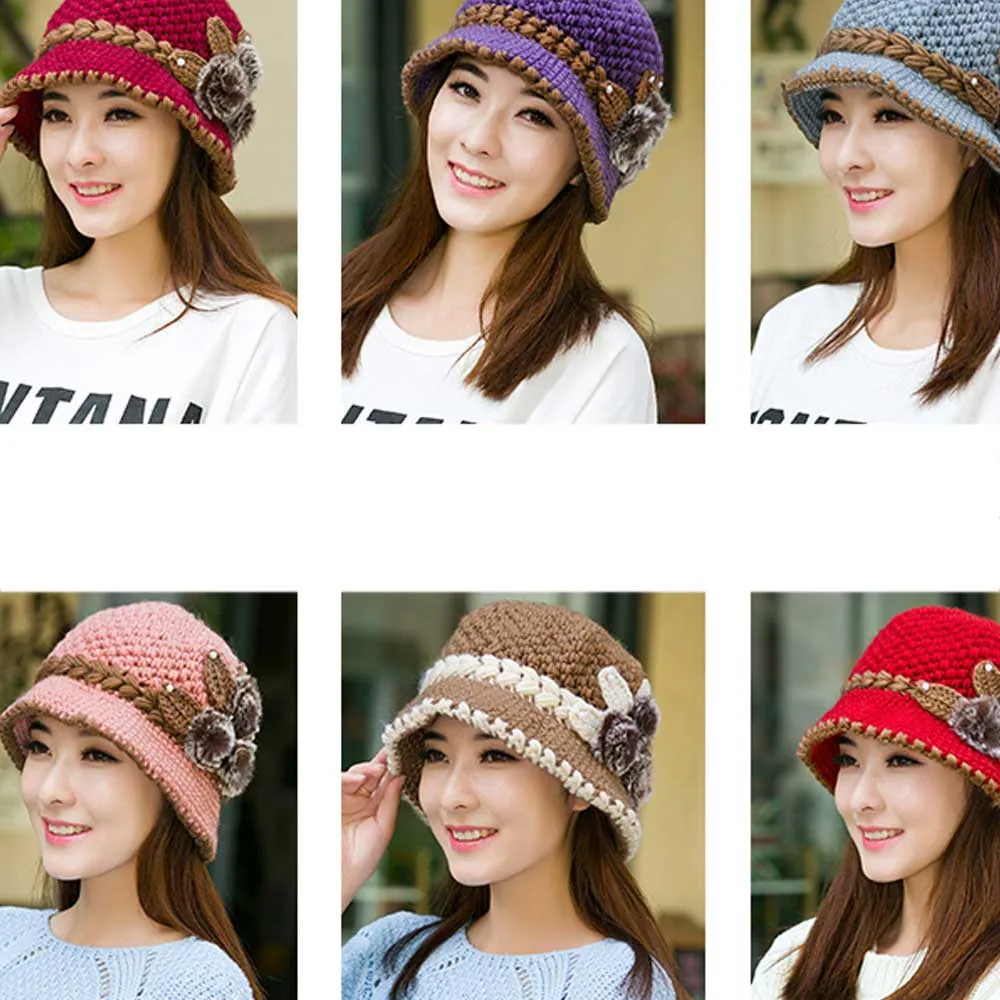 Для женщин Новая мода Для женщин зимний теплый вязанный цветочное украшение; ушками на капюшоне, зимне наушники шапка; Роскошная элегантная теплая шапка