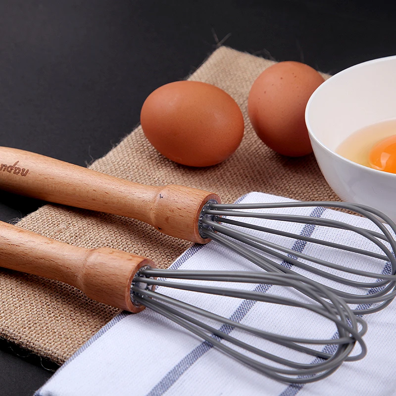 Manual Egg Beater Beech Wood Handle Silicone Egg Beaters Milk Cream Butter Whisk Mixer Stiring Tool
