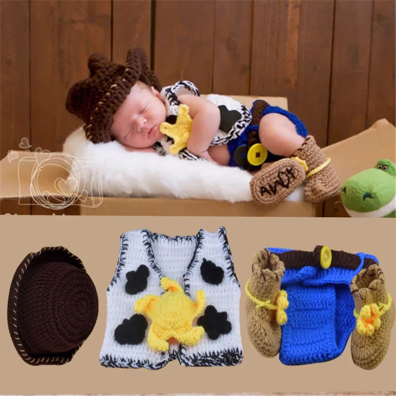 

New Arrived Baby Photography Props Cowboy Crochet Knitted Newborn Outfit Hat cloths Shoes Costume