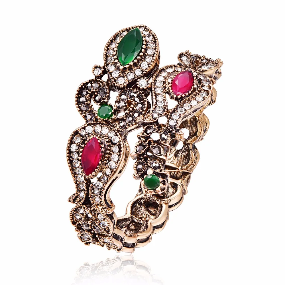

Turkish Ethnic Bangle Bracelets For Women Vintage Jewelry Antique Gold Color Pave Crystal Red/Green Resin Bangles