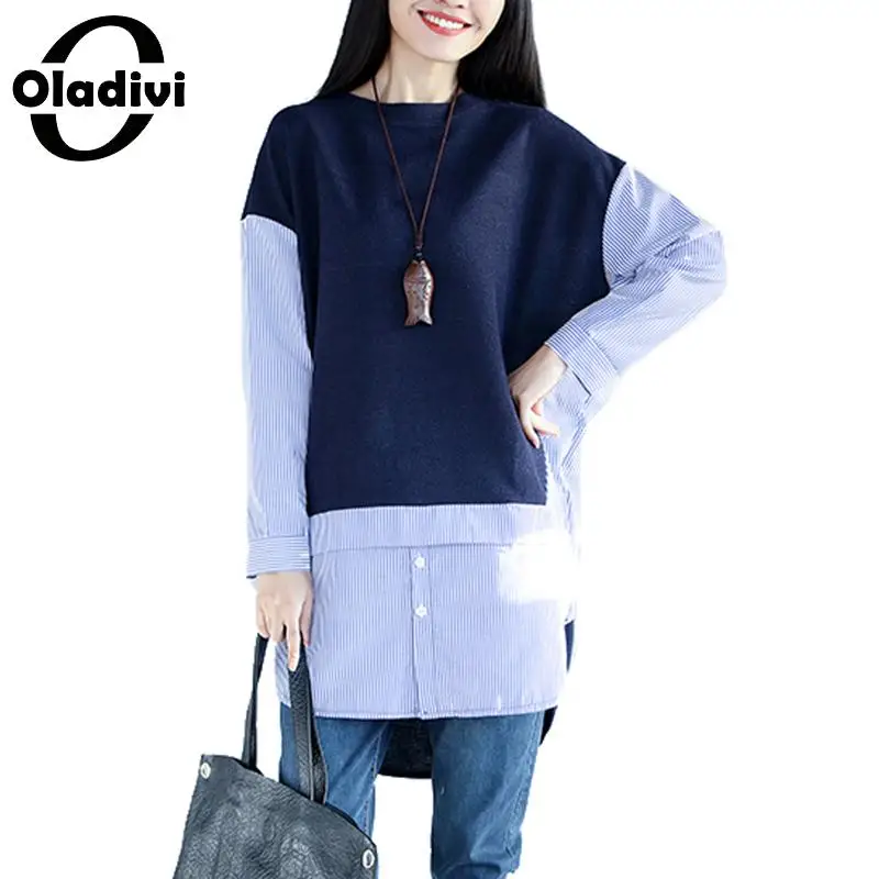 

Oladivi Brand Big Plus Size Women Apparel Ladies Fashion Patchwork Striped Shirt Blouse Female Top Shirt Tunic Spring Blusas 6XL