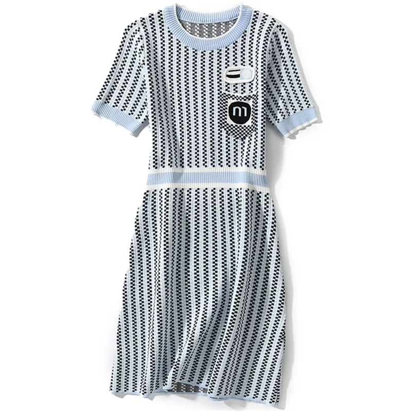 

2018 Euramerican Spring Summer New Fashion Geometric Pattern Knitwear Elegant All-Suit Waist-Controlled Short Sleeve Lady Dress