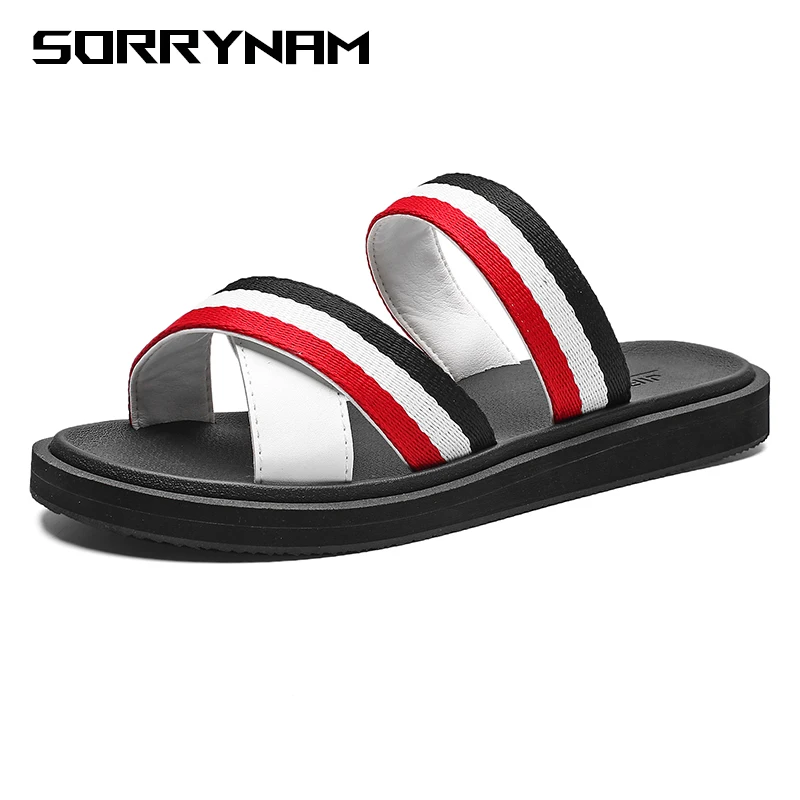 

Leisure Sandals Men Flat Non-Slip Stripe Casual Beach Shoes Indoor Outdoor Slippers Basic Slides Home Sandals Summer