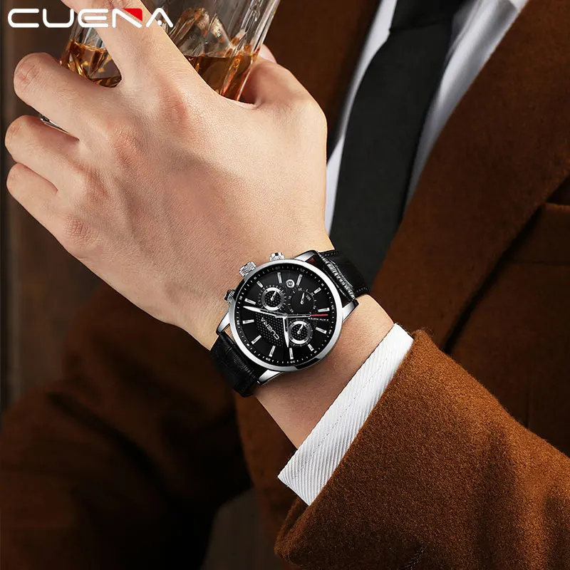 CUENA Quartz Watches Men Luxury Brand Stopwatch Date Luminous Hands Genuine Leather 30M Waterproof Male Watch Black Wristwatches CUENA Quartz Watches Men Luxury Brand Stopwatch Date Luminous Hands Genuine Leather 30M Waterproof Male Watch Black Wristwatches