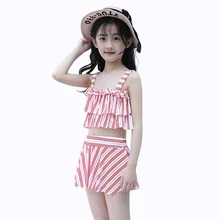Девушки Разделение Falbala Купальник; детский купальник в полоску для девочек; ванный комплект для детей для маленьких девочек танкини детская одежда для пляжа с юбкой
