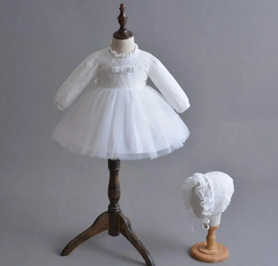 Комплект из 3 предметов, платье для крещения для маленьких девочек белое платье на крестины для маленьких девочек, кружевная Серебряная корона, повязка на голову, шапка с вышивкой для детей от 0 до 24 месяцев