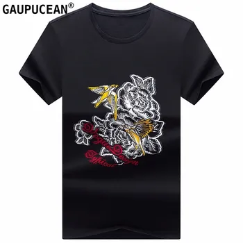 

Men T Shirt Short Sleeve 95% Cotton 5% Spandex Summer Male 2018 Clothing White Black Swallow Embriodery O-neck Man T-shirt