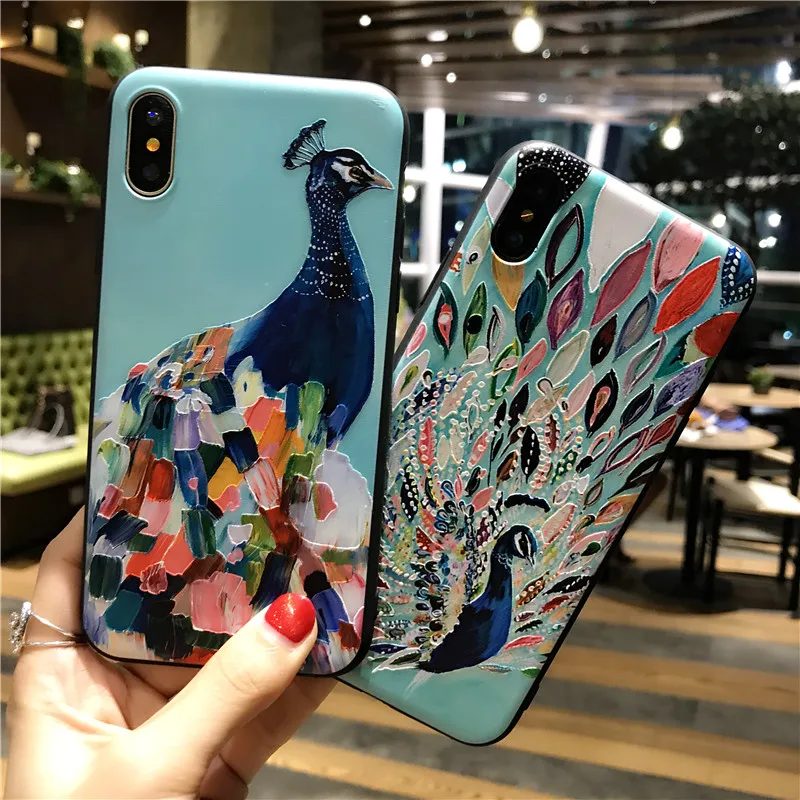 

YISAHNGOU 3D Embossing Printing Relief Peacock Phone Case For iphone X 6S 6 7 8 Plus 5S SE 5 XS Max XR Soft Silicone Back Cover