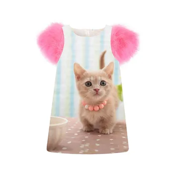 

Girls Dress The cat with the necklace print Spring/Autumn faux fur sleeve girls dress Toddler Kids Dresses Children Clothing