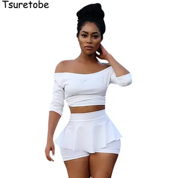

Tsuretobe New Fashion White Crop Top and Skirt Set Half Sleeve Sexy 2 Piece Set Women Slash Neck Bodycon Two Piece Set Female