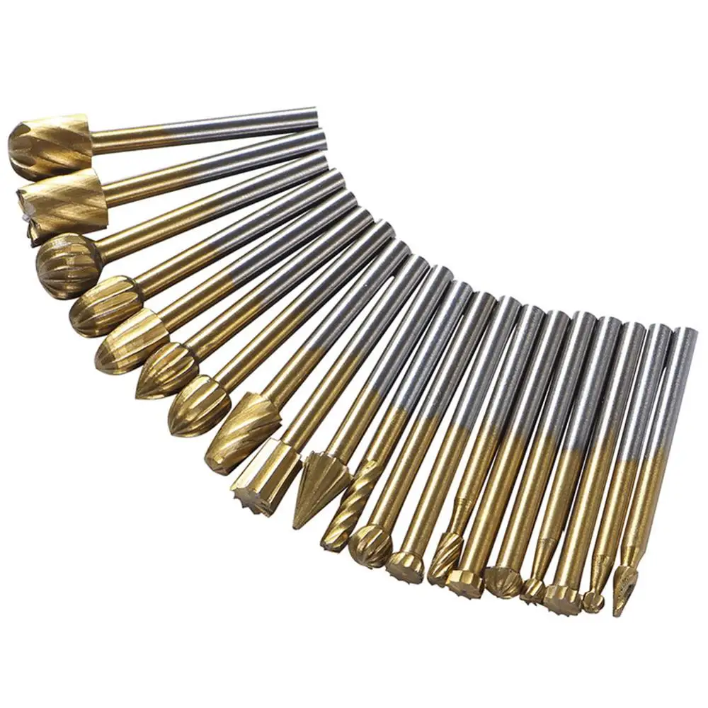 

20pcs/Set BOX HSS Titanium Dremel Routing Rotary Milling Rotary File Cutter Wood Carving Carved Knife Cutter Tools Accessories