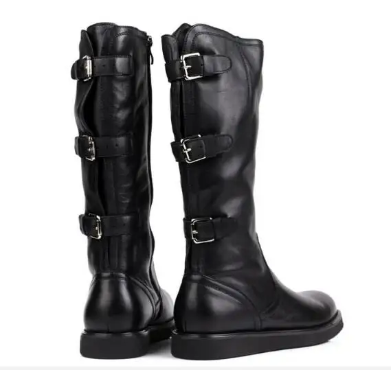

Fashion Hot martin long boots Belts Buckles Side Zipper men boots cow leather tide shoes black male runway motorcycle boots