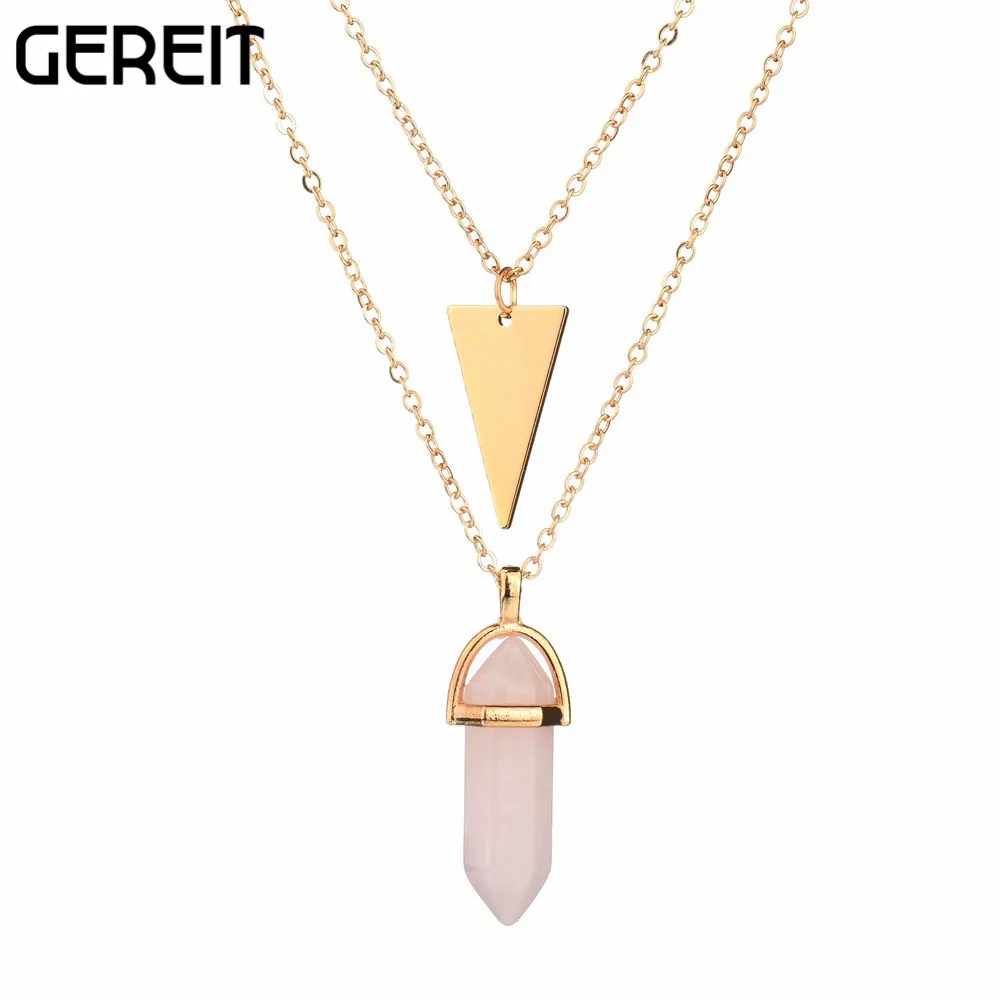 

Boho Layered Gold Necklace Marble Natural Stone Triangle Bullet Pair Pendant Necklace Women Friendship Bff Statement Necklace