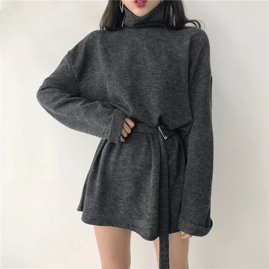 

2018 New Spring Autumn Fashion Loose Turtleneck Knitted Dresses Vintage Sashes Mini Dress Sexy Slim Long Sleeve Vestidos Mw143