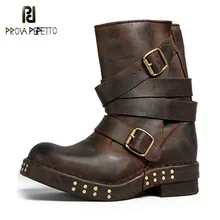 Prova Perfetto женские ботинки большого размера натуральная кожа Ретро Короткие крутые рыцарские сапоги с металлическими заклепками без шнуровки фланец толстый каблук обувь