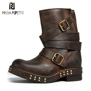 

Prova Perfetto Woman Big Size Boots 100% Real Leather Retro Short Cool Knight Boots Metal Rivet Slip On Flange Chunky Heel Shoe