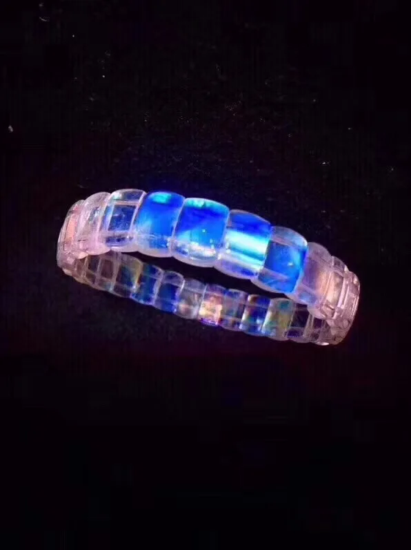 

Genuine Natural Strong Blue Light Moonstone Quartz Bangle For Woman Lady Gift Crystal 10.8x7x4.5mm Barrel Shape Stretch Bracelet