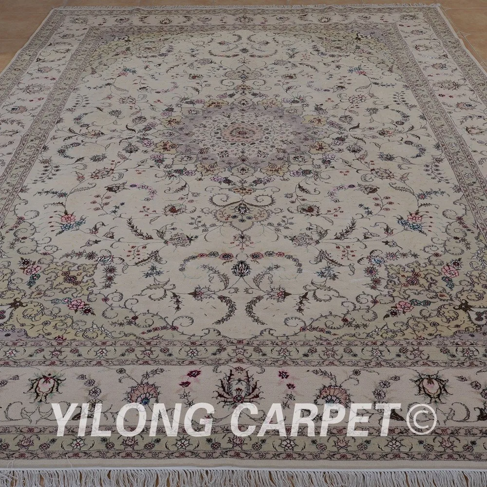 Yilong 10'x14 Исфахан Шерсть Шелк бежевый коврик ручной работы, изысканные ковровое покрытие для гостиной (1500)