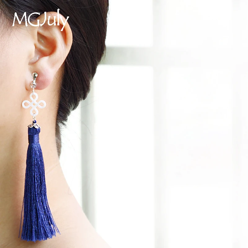 

Blue Tassel Clip On Earrings No Hole Ear Clip Chinese Knot Shell Tassel Earrings Without Piercing Long Earring Jewelry CE180