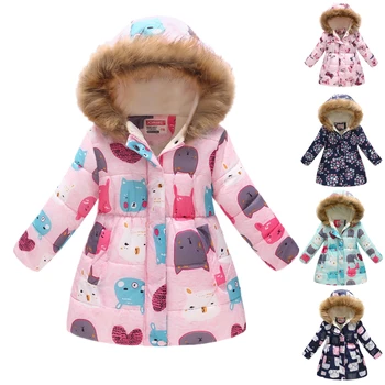 

2018 girls Winter Hooded Cotton Jackets Kids Cartoon Printing Outerwear Girl Fur Collar Coat Child Thickened Warm Jacket
