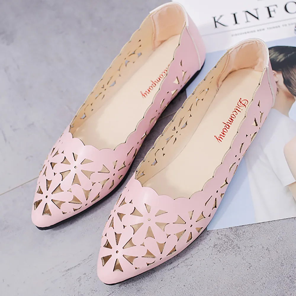 

Hot Sale Women Shallow Flat Heel Hollow Out Flower Shape Nude Big Size Women Comfortable Shoes Pointed-toe Shoes Good Quality 10
