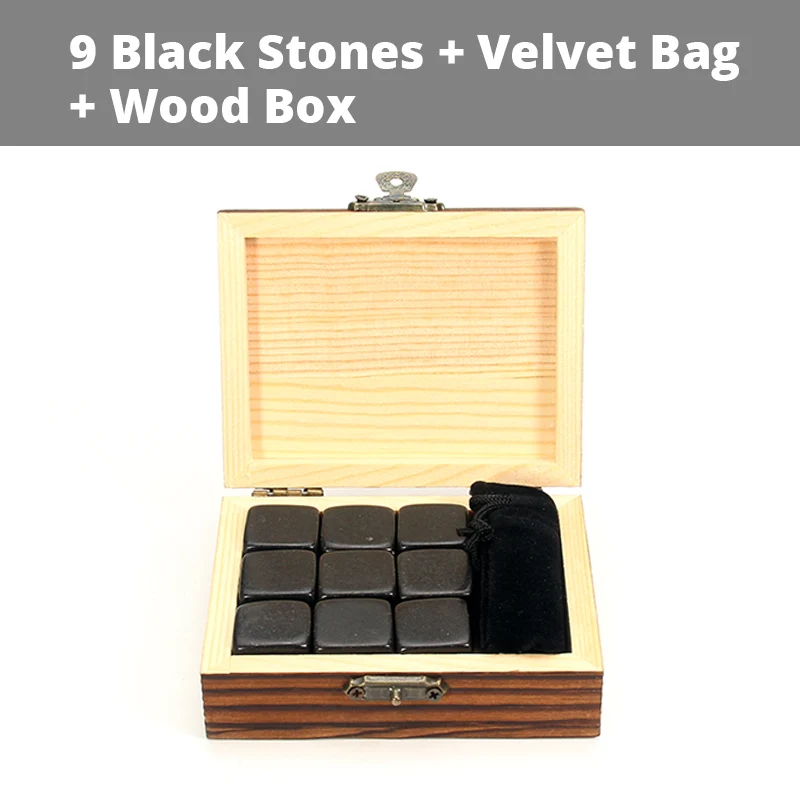 Виски камни набор-9 гранит виски камни/деревянная коробка/бархатный мешок/многоразовые охлаждающие кубики льда - Цвет: 9 Black Stones Box