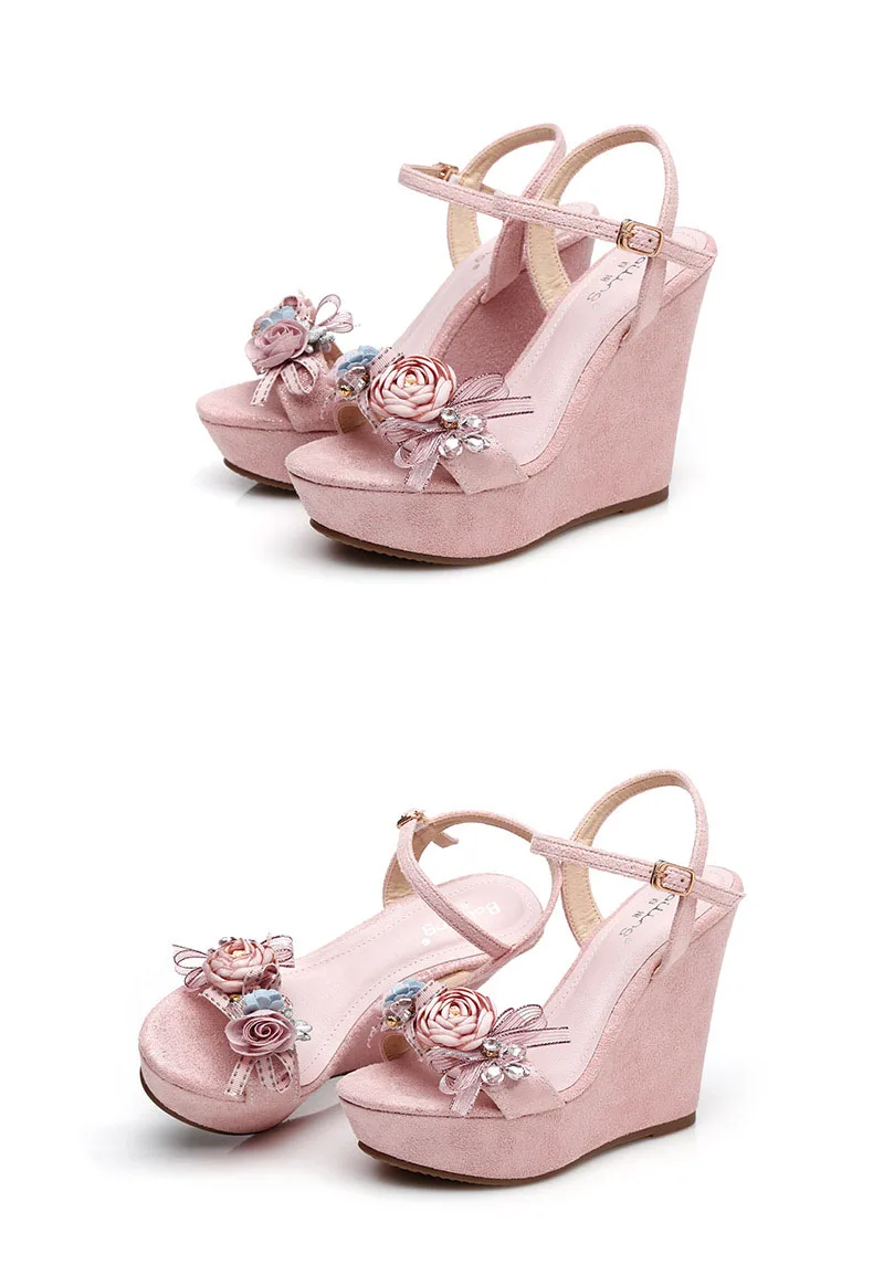 34_2019 Summer New Elegant Fashion High Heel Wedges Sandals Small Size Female Pink White Peep Toe Wedding Shoes