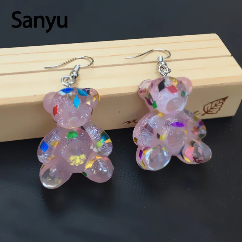 

Creative Hadmade Shining Transparent Colorful Bears Drop Earrings for Women Girls Irregular Sequins Funny Animal Dangle Earrings