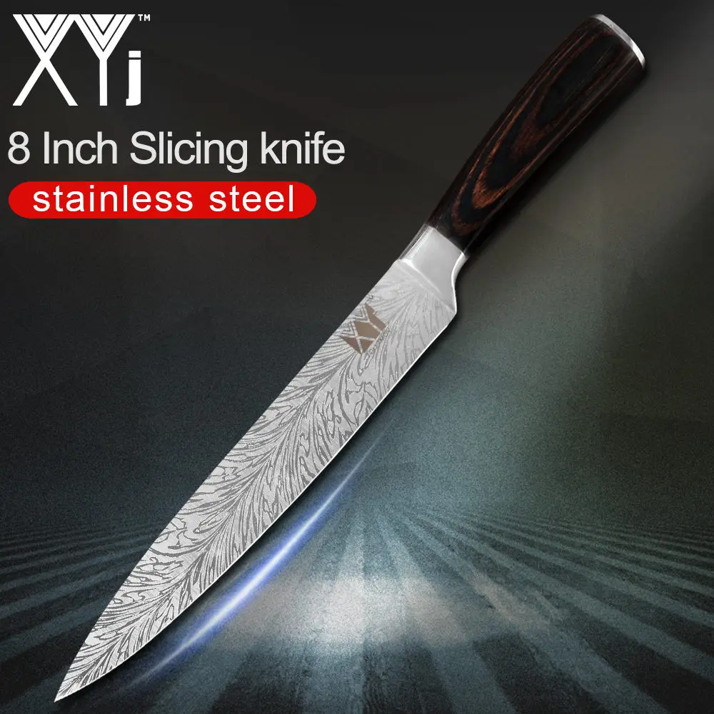 XYj нож из нержавеющей стали с красивым узором 7cr17, лезвие из нержавеющей стали, цветные кухонные ножи с деревянной ручкой, набор ножей из 8 предметов - Цвет: 8 inch Slicing Knife