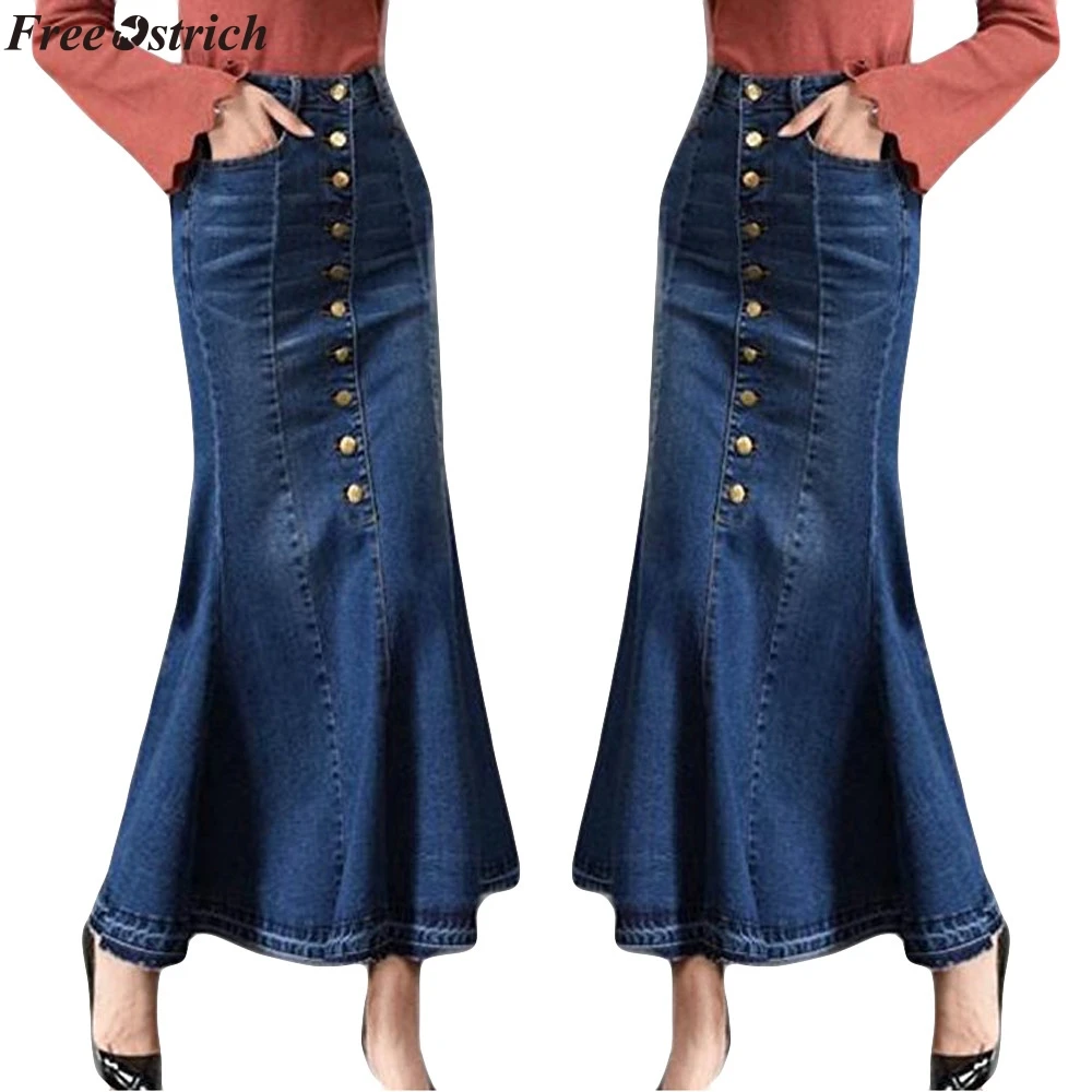 Страусиная S-XL, новинка, Повседневная Длинная джинсовая юбка с высокой талией и рыбий хвост, женская модная юбка макси с карманами на пуговицах спереди, однотонная