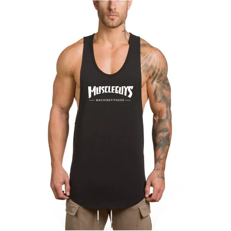 Muscleguys модный бренд Фитнес Бодибилдинг резервуар для белья топы для мужчин спортивный жилет без рукавов хлопковые майки брендовая мышечная рубашка - Цвет: Черный