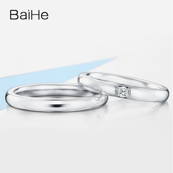 BAIHE Solid 18 К белого золота 0.09ct Certified H/SI круглый 100% натуральная природных алмазов Обручение Для женщин Мода ювелирные изделия пара кольцо