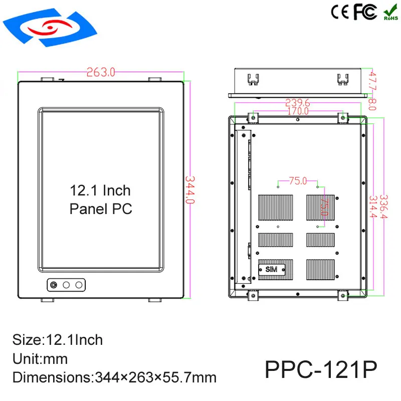 Новейший дешевый 12,1 "встроенный, без вентилятора промышленный панельный ПК с высокой температурой окисления алюминиевый корпус