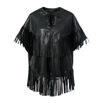 

hot selling cloak Faux Leather coats 2019 spring autumn new short sleeve tassel lace up female streetwear style jackets gx1024