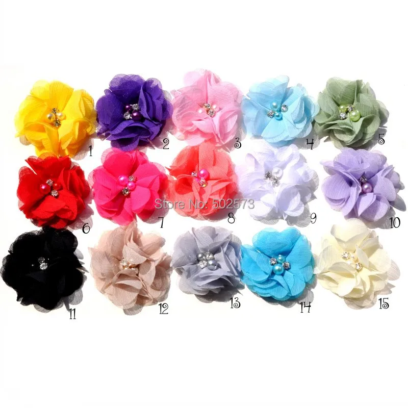

55pcs/lot Chiffon Flower Matching Sparking Rhinestone in Center Felt Back Without Clip DIY Accessory