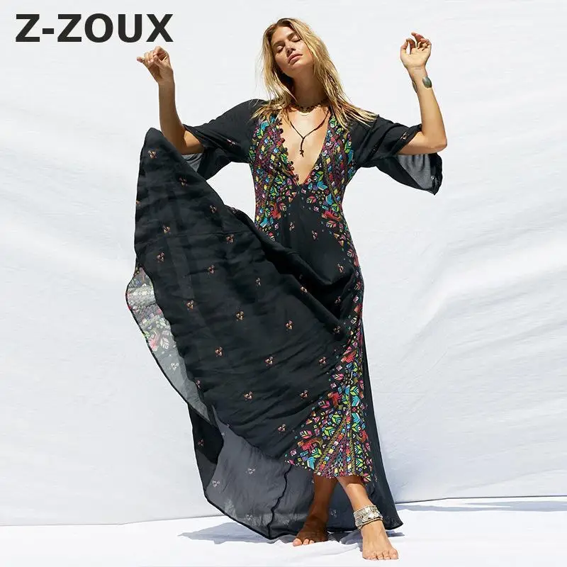 Z-ZOUX Women Dress Deep V Neck Bohemia Dress Sexy Long Print Floral Maxi Dresses Seven Sleeve Sexy Long Beach Dresses 2019 New Z-ZOUX Women Dress Deep V Neck Bohemia Dress Sexy Long Print Floral Maxi Dresses Seven Sleeve Sexy Long Beach Dresses 2019 New