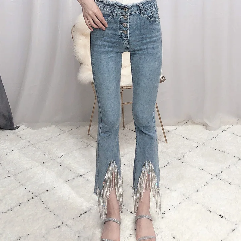

New Spring Autumn Fashion High Waist Women Jeans Ankle-length Slim Beading Tassel Flare Denim Pants Ladies Long Trousers