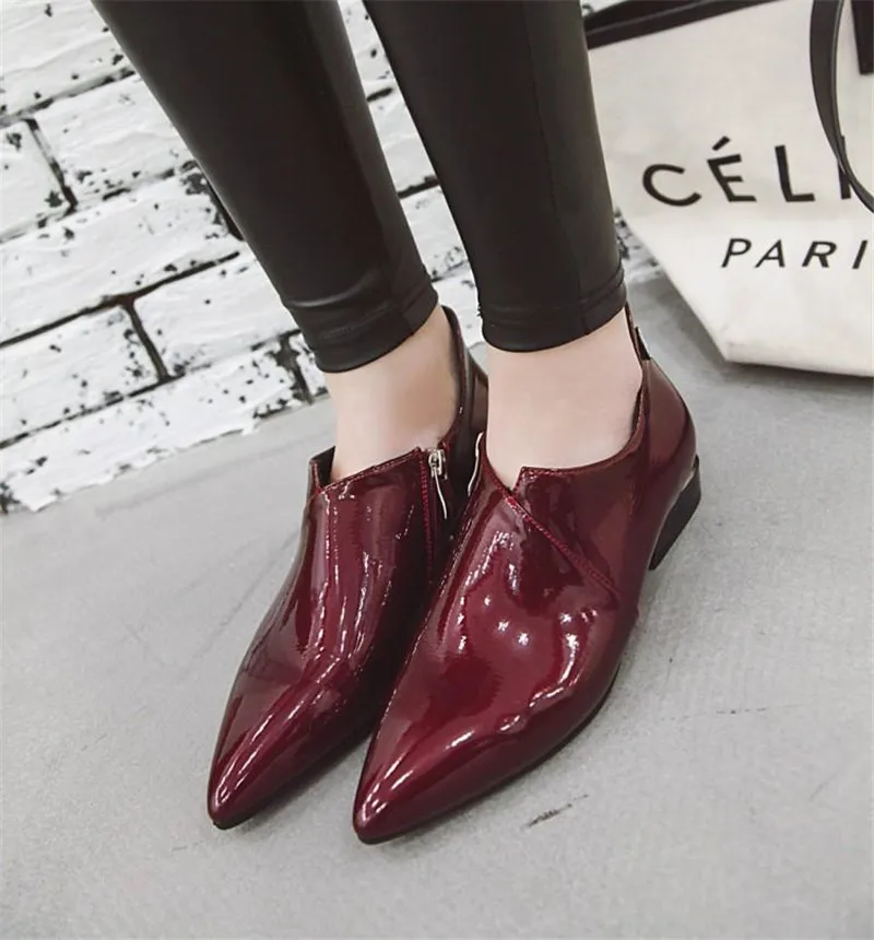 Patent Leather Women Oxford Shoes Vintage Pointed Toe Side Zipper Woman Flats Loafers Black Casual Flat Oxford Shoes for Women (12)