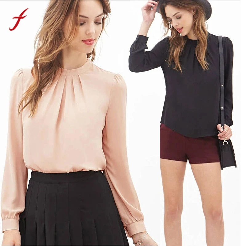 Us 957 Wanita Baju Atasan Wanita Musim Panas Lipat Sifon Kasual Longgar Lengan Panjang Atasan Blus Sifon Desain G In Blus Dan Kemeja From Pakaian
