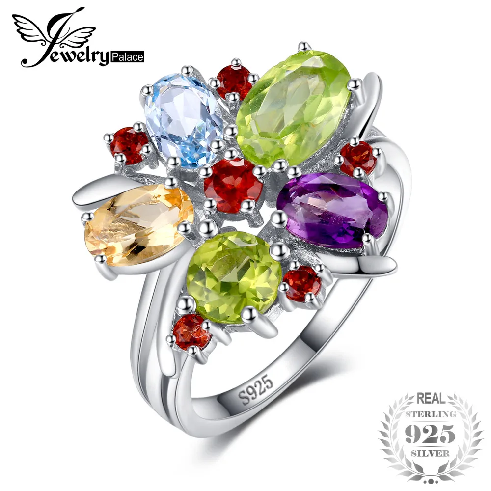 

JewelryPalace Flower 3.1ct Natural Amethysts Garnets Peridots Citrines Blue Topazs Cocktail Ring 925 Sterling Silver 2018