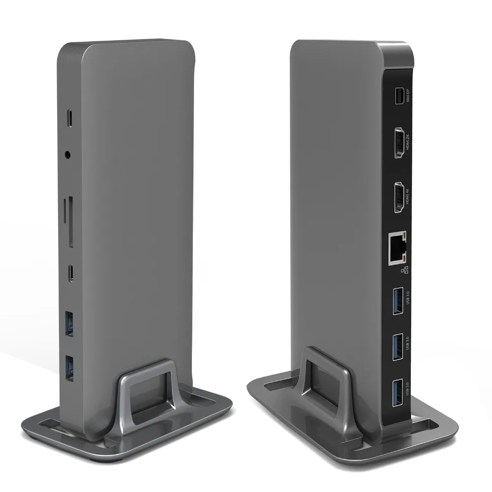 

CENNBIE Universal USB C Triple Display Docking Station to 2HDMI Mini DP 5USB 3.0 SD TF RJ45 Audio Type C Female PD(Dark Grey)
