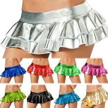 Сексуальная блестящая металлическая кожа, латекс, Wetlook, для женщин, для девушек, многослойная гофрированная Мини Расклешенная юбка с оборками, нижнее белье-шорты, летнее платье